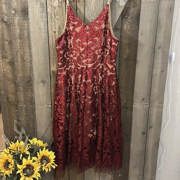 Dress the Population Blair Embellished Fit & Flare Cocktail Dress in Berry/Nude - Picture 12 of 14